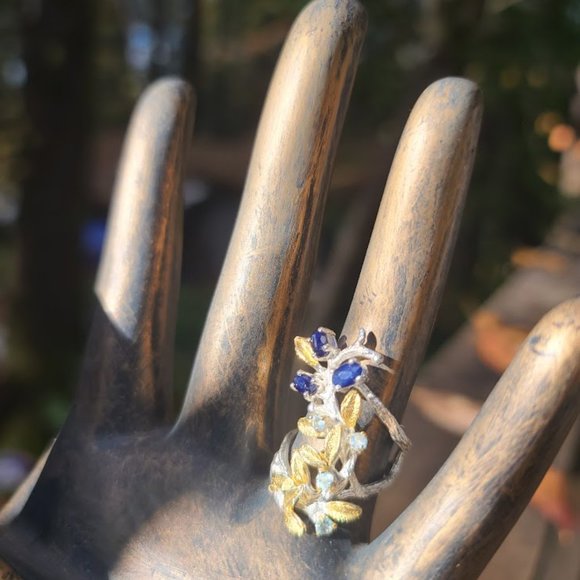 Sapphire & aquamarine sterling & gold finger cuff sz6.5 - Picture 6 of 11